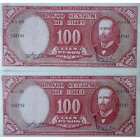 2 Billetes De 100 Pesos Correlativos  Molina Ibanez (bb77 segunda mano  Chile 