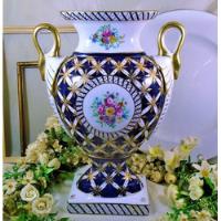 Usado, Florero Vintage Porcelana Royal Azul Blanco Y Oro 28.5 Cm  segunda mano  Chile 